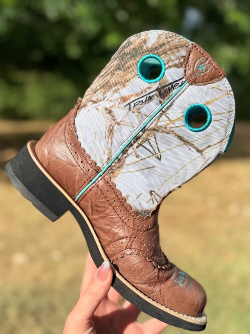 Ariat Fatbaby Womens 7B Camo Brown Leather Cowgirl Boots Western Y2K Teal 4332
